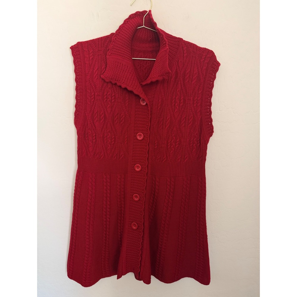 Red Cable Knit Longline Button Front Dress Mock Neck Wool Blend Sleeveless L
